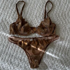 Fleur du Mal Tan Embroidered Bra and Panty Set